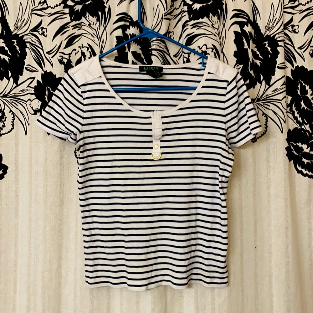 Lauren Ralph Lauren black and white striped shirt with gold accents & crew neck